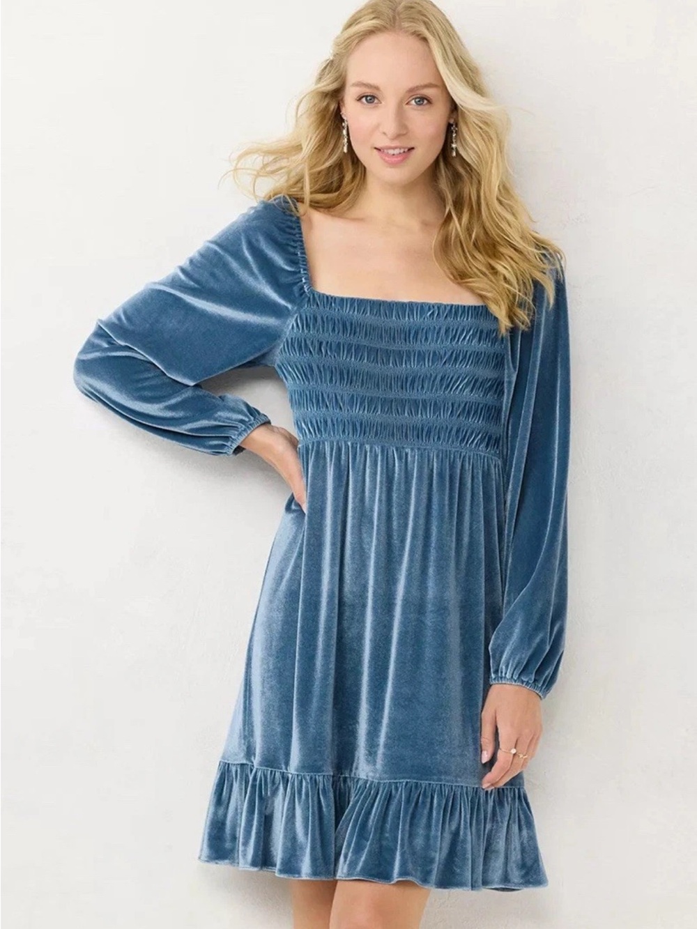 LC Lauren Conrad Blue Velvet Smocked Square-Neck Mini Dress